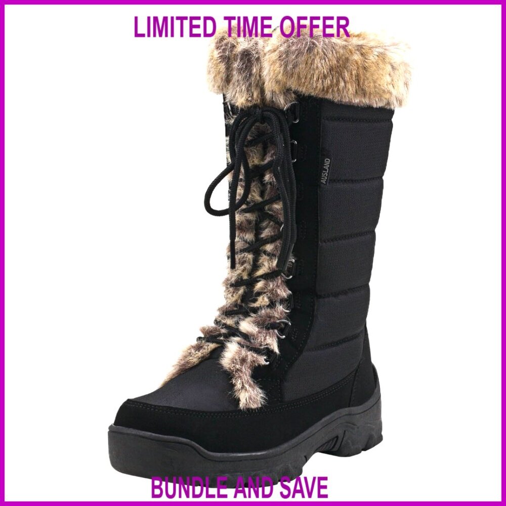 Women's Waterproof Snow Boots Mid-Calf Fur Cuff Lace Up Winter Outdoor